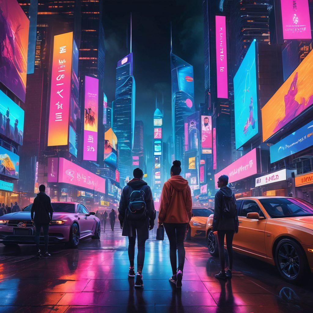 A futuristic city skyline with digital billboards displaying real-time updates about various events, with people actively engaging with interactive holographic interfaces. Include diverse groups of people using mobile devices, immersed in live experiences, surrounded by vibrant neon lights and technology. Capture the hustle and bustle of the city with a dynamic atmosphere. cyberpunk. vibrant colors. super-realistic.