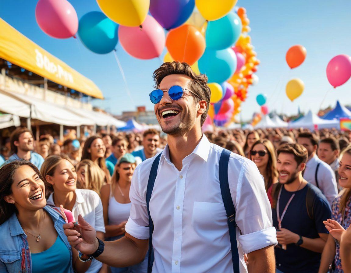 A dynamic scene showcasing an event manager overseeing a vibrant outdoor festival, engaging with a diverse audience. Include interactive stations, happy attendees enjoying entertainment and lively decorations, with a clear blue sky above. Emphasize the interaction between the manager and the audience, capturing the essence of seamless communication. Illustrate a variety of entertainment options like musicians and performers. vibrant colors. super-realistic.