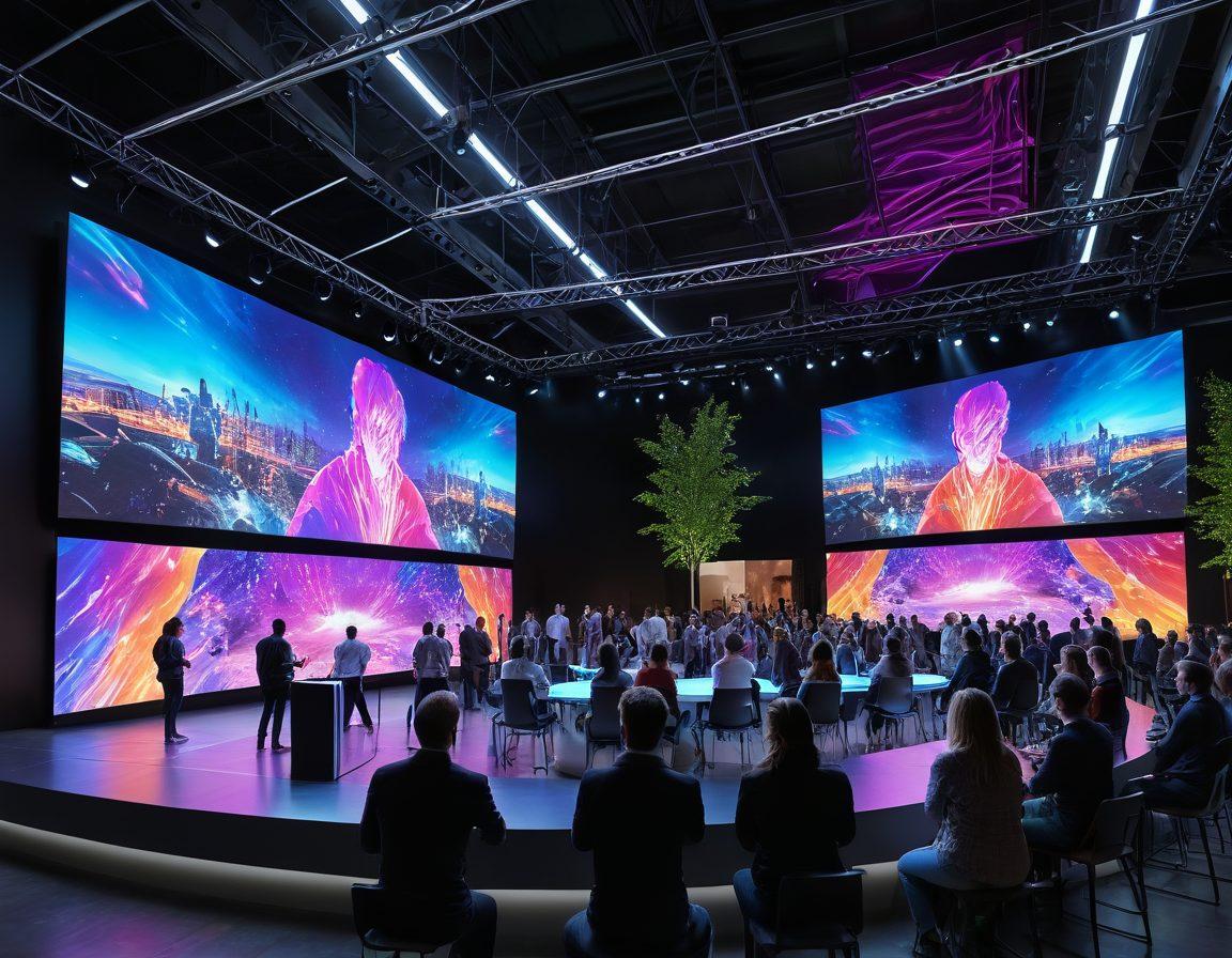 A vibrant scene of a community gathering in a futuristic outdoor venue, filled with diverse people engaging through holographic displays and interactive booths. The atmosphere is lively, featuring colorful lights and a stage with a dynamic speaker. Include visuals of digital connections between attendees, reflecting an enhanced interaction experience. super-realistic. vibrant colors. 3D.